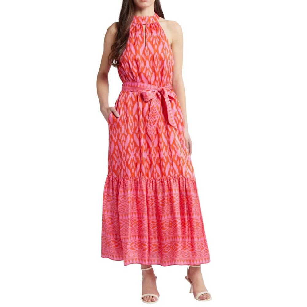 Cleobella Janice Ikat Print Halter Maxi Dress Fuchsia Pink Orange Small